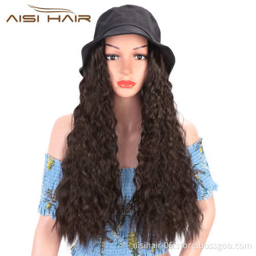 Aisi Hair Knit Slouchy Party Hat Long Water Wave Outdoor Hat Synthetic Dark Brown Fiber Hair Extension With Black Cap For Women